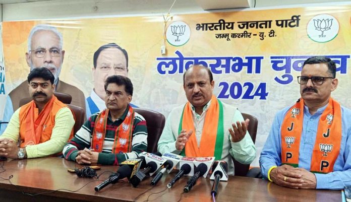 BJP general secretary, Dr D K Manyal and other leaders at a press conference at Jammu on Wednesday.