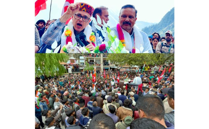 NC vice president Omar Abdullah addressing public rally at Paddar in Kishtwar on Tuesday.