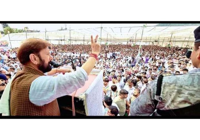 Cong candidate Ch Lal Singh addressing large election rally in Marmat area of Doda on Sunday. Cong candidate Ch Lal Singh addressing large election rally in Marmat area of Doda on Sunday.