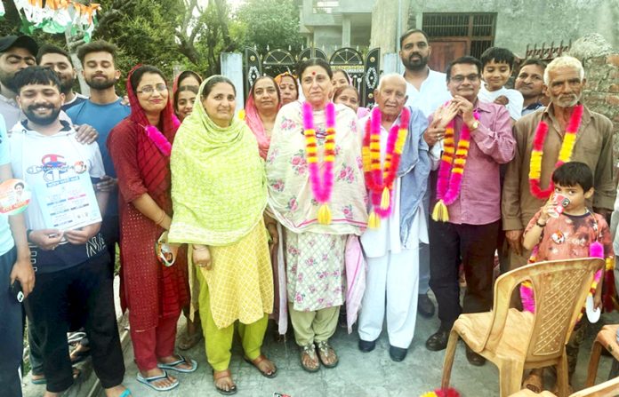 Congress leader, Indu Pawar during a public meeting in Jammu on Monday.