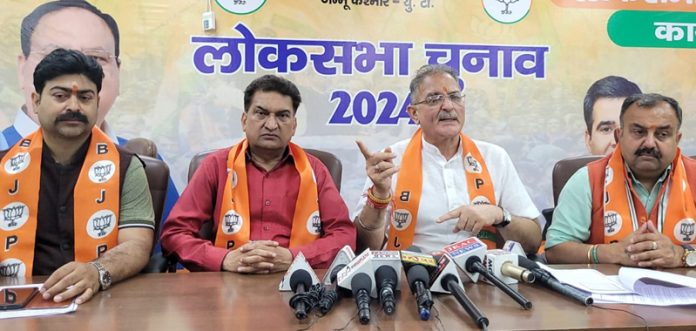 BJP leaders at a press conference at Jammu on Wednesday. BJP leaders at a press conference at Jammu on Wednesday.