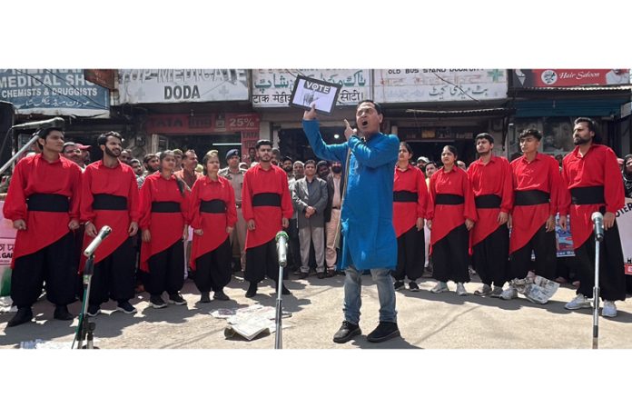 Natrang artists presenting a play at Fawara Chowk, Doda.