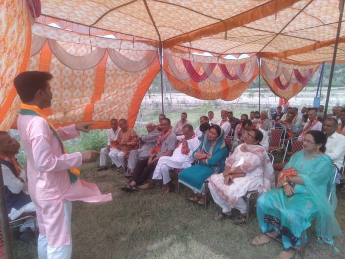 Arun Sharma addressing BJP workers at Purmandal on Saturday. Arun Sharma addressing BJP workers at Purmandal on Saturday.