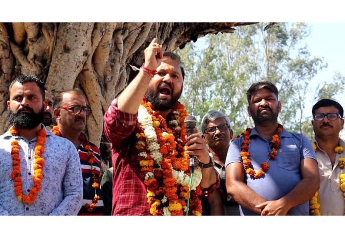 Ekam Sanatan Party candidate, Ankur Sharma during election campaign in Samba on Sunday.
