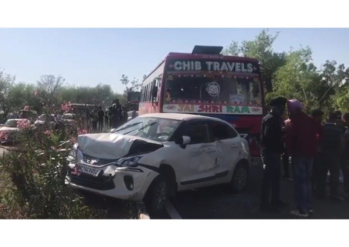 A car which was damaged in multi vehicle collision at Dayalachak on Sunday. —Excelsior/Pardeep A car which was damaged in multi vehicle collision at Dayalachak on Sunday. —Excelsior/Pardeep