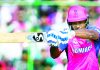 Captain of RR Sanju Samson playing a shot during his unbeaten knock of 71 runs in 33 balls against LSG on Saturday.
