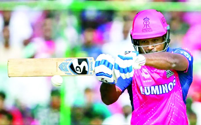 Captain of RR Sanju Samson playing a shot during his unbeaten knock of 71 runs in 33 balls against LSG on Saturday.