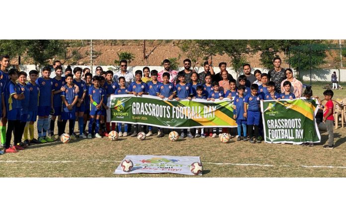 Young budding players posing during AFC Grassroots Football Day at Jammu Young budding players posing during AFC Grassroots Football Day at Jammu