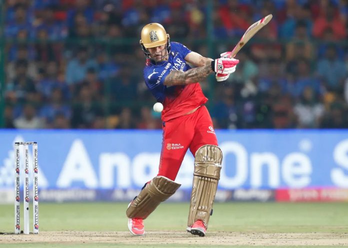 RCB captain Faf du Plessis in action during his splendid knock of 64 runs in 23 balls against Gujarat Titans. RCB captain Faf du Plessis in action during his splendid knock of 64 runs in 23 balls against Gujarat Titans.