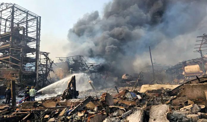 Firefighters at the spot after a fire broke out due to a boiler blast in a chemicals factory at Dombivli in Thane district on Thursday.