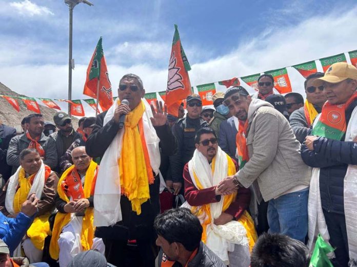 BJP leader Tashi Gyalson at a rally before filing nomination papers in Leh on Wednesday. BJP leader Tashi Gyalson at a rally before filing nomination papers in Leh on Wednesday.