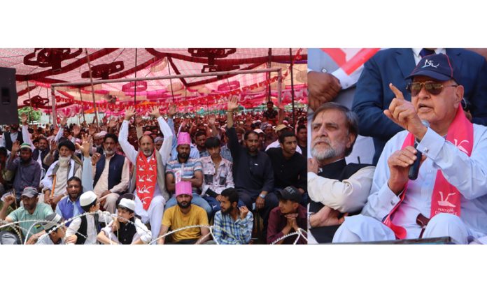 NC president Dr Farooq Abdullah addressing an election rally in Mendhar. - Excelsior/Rahi Kapoor