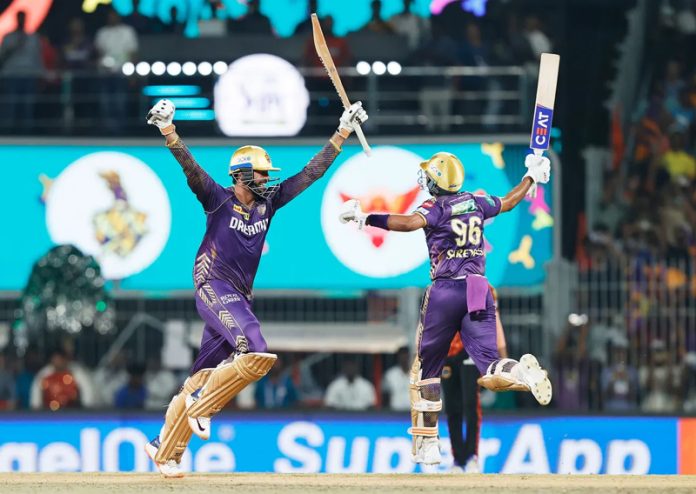 KKR players celebrating after beating SRH by 8 wickets to win their 3rd IPL title at Chennai on Sunday. KKR players celebrating after beating SRH by 8 wickets to win their 3rd IPL title at Chennai on Sunday.