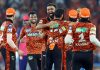 Sunrisers Hyderabad team celebrating after defeating Rajasthan Royals by one run on Thursday.