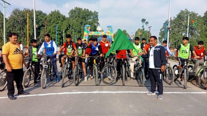Cyclists getting ready for the Inter School Zonal Level Cycle Race at Bijbehara in Anantnag on Friday.