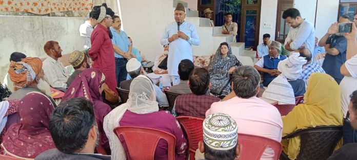 Member Parliament (RS), Gulam Ali Khatana addressing a meeting at Surankote on Tuesday.