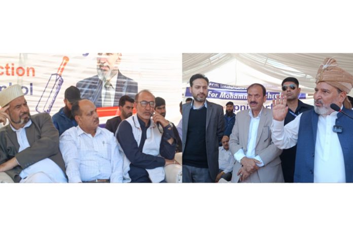 Apni Party president Altaf Bukhari addressing public rally in Budgam. Apni Party president Altaf Bukhari addressing public rally in Budgam.