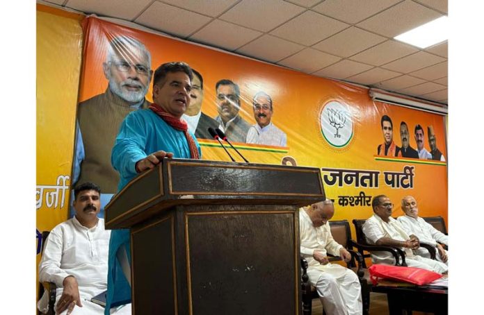 BJP J&K UT president Ravinder Raina addressing a party’s review meeting at BJP Headquarters, Trikuta Nagar on Friday. BJP J&K UT president Ravinder Raina addressing a party’s review meeting at BJP Headquarters, Trikuta Nagar on Friday.