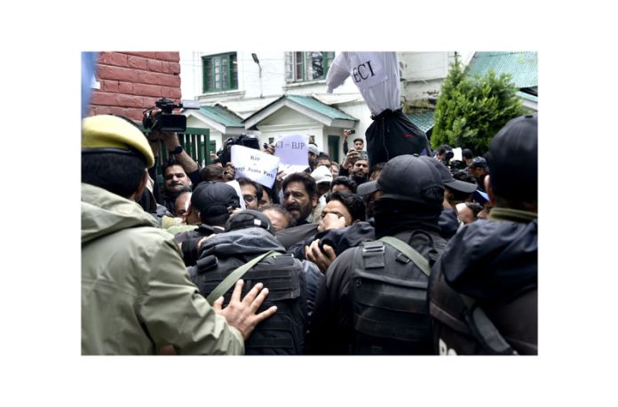 PDP leaders and workers during a protest in Srinagar on Wednesday. -Excelsior/Shakeel