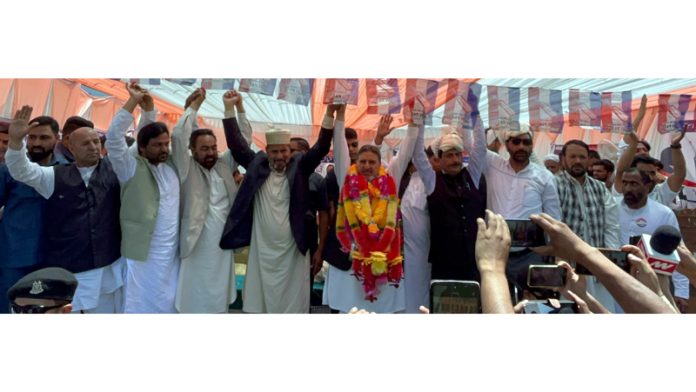 Apni Party president Altaf Bukhari and others during election rally at Kokernag on Saturday.