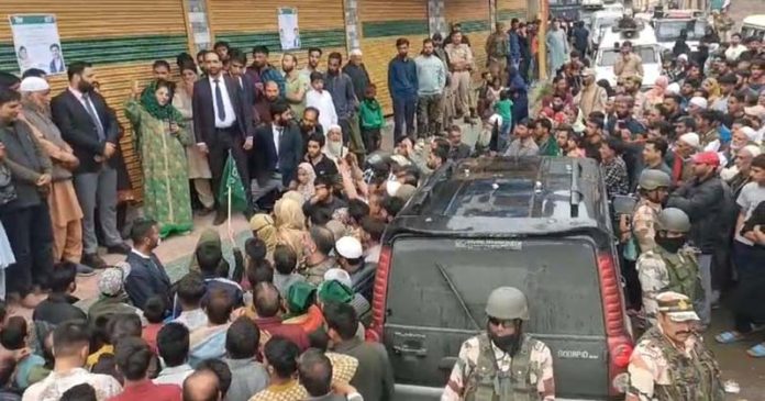 PDP president Mehbooba Mufti addressing rally during roadshow in Ganderbal on Friday. -Excelsior/Firdous
