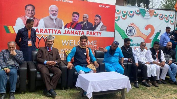 BJP president, Ravinder Raina addressing a public meeting at Kupwara on Friday.
