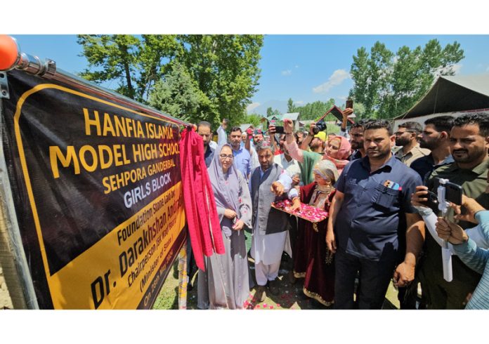 Waqf Chairperson Dr Darakhshan Andrabi laying foundation stone of new block of Hanfia Islamia Model High School, Sopore in Ganderbal. Waqf Chairperson Dr Darakhshan Andrabi laying foundation stone of new block of Hanfia Islamia Model High School, Sopore in Ganderbal.