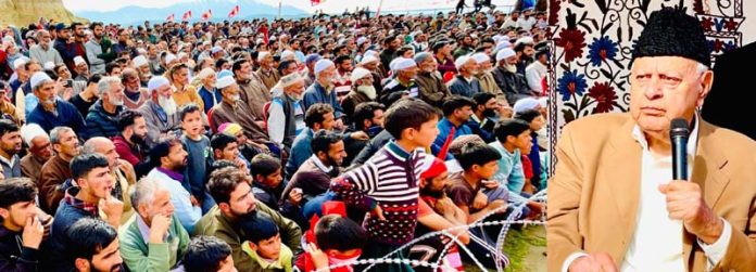 NC president Dr. Farooq Abdullah addressing a public rally in Srinagar on Friday.