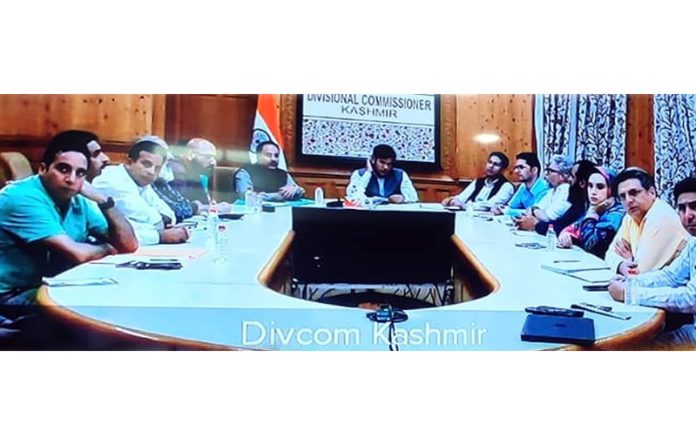 Divisional Commissioner Kashmir Vijay Kumar Bidhuri chairing a meeting on Tuesday. Divisional Commissioner Kashmir Vijay Kumar Bidhuri chairing a meeting on Tuesday.
