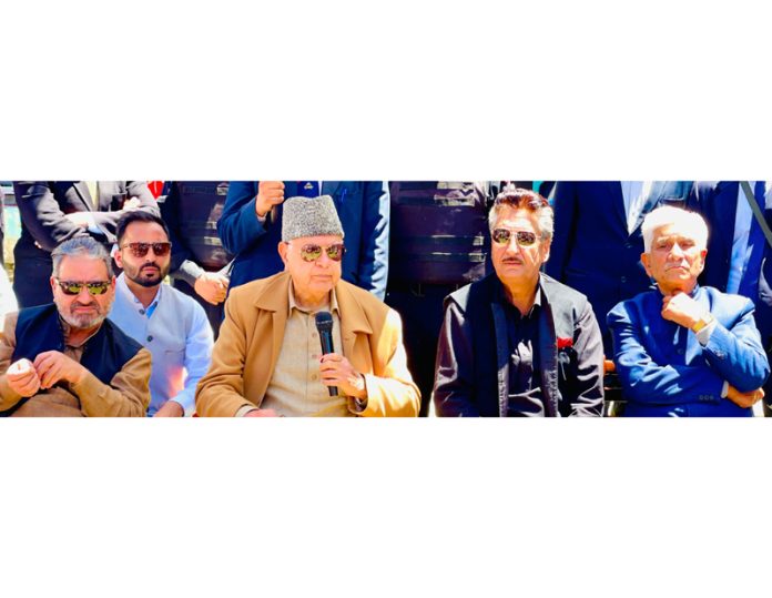 NC president Farooq Abdullah addressing workers convention in Tangdhar area of North Kashmir. NC president Farooq Abdullah addressing workers convention in Tangdhar area of North Kashmir.