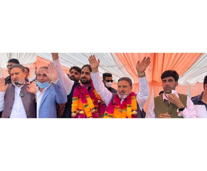 Apni Party president Altaf Bukhari and others during election rally in Kulgam. Apni Party president Altaf Bukhari and others during election rally in Kulgam.