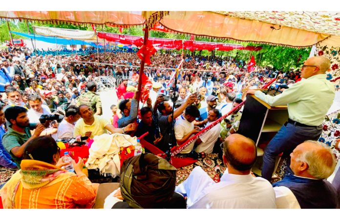 NC vice president Omar Abdullah addressing public rally at DH Pora in Kulgam on Thursday.