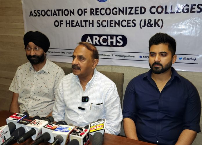 M S Katoch and others addressing press conference at Jammu on Sunday. -Excelsior/Rakesh