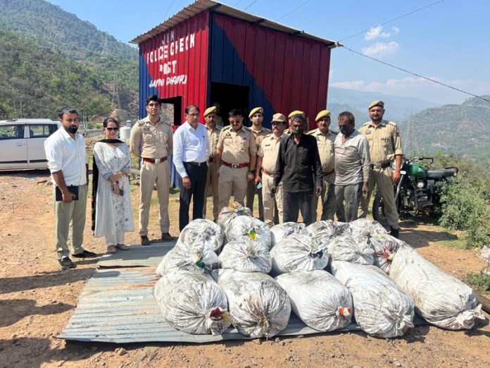 Police team displaying seized consignment of poppy straw. Police team displaying seized consignment of poppy straw.