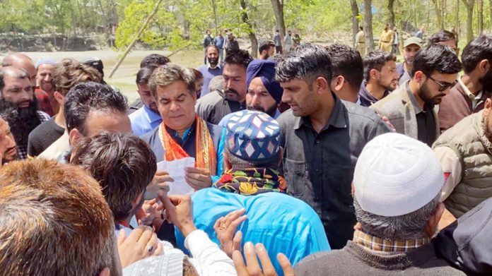 BJP president, Ravinder Raina during tour to flood prone areas of Kupwara district on Thursday.