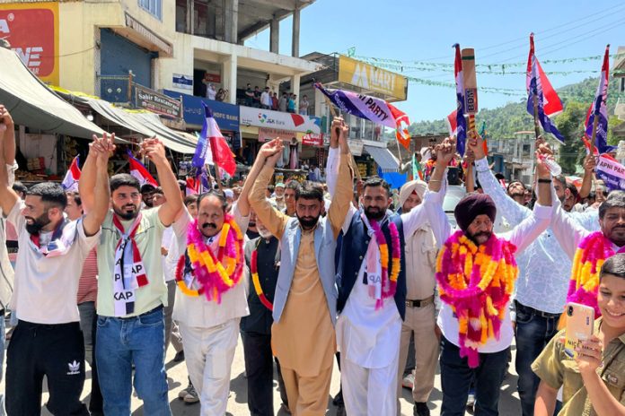 Apni Party leaders taking out roadshow in Mendhar town on Friday. -Excelsior/Rahi Kapoor