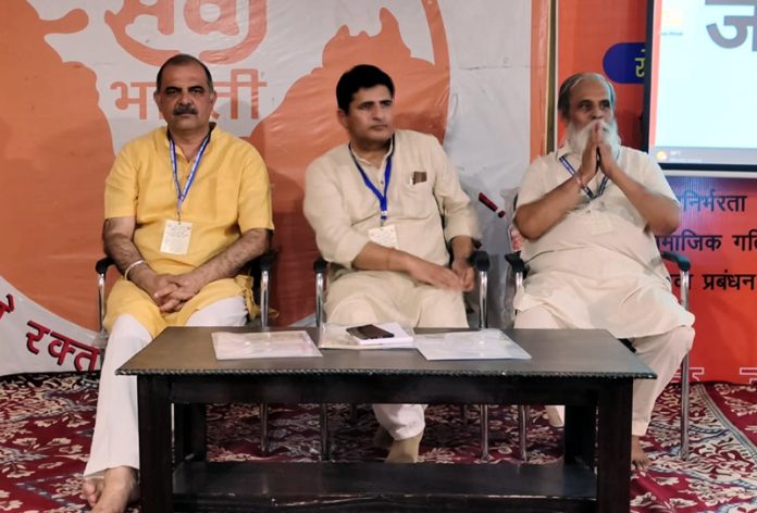 RSS Prant Pracharak, Rupesh Kumar and other dignitaries during Sewa Bharti J&K’s annual meeting at Jammu on Sunday. RSS Prant Pracharak, Rupesh Kumar and other dignitaries during Sewa Bharti J&K’s annual meeting at Jammu on Sunday.