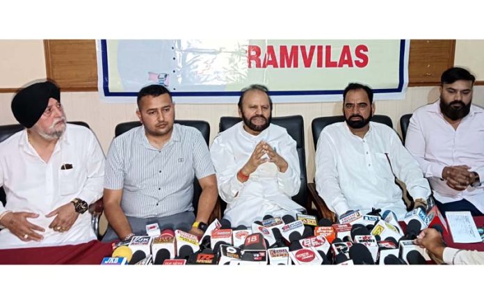 National Senior Vice President of LJP(R), Arvind Kumar Bajpai addressing media persons at Jammu on Wednesday. National Senior Vice President of LJP(R), Arvind Kumar Bajpai addressing media persons at Jammu on Wednesday.