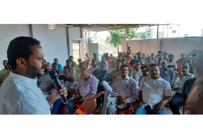 DCC working president for Udhampur, Sumeet Magotra addressing party workers’ meeting on Tuesday.