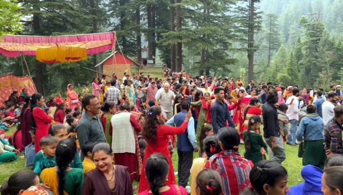 Devotees during a religious event at ancient Shiv-Bani temple in Bhaderwah on Friday. -Excelsior/Tilak Raj Devotees during a religious event at ancient Shiv-Bani temple in Bhaderwah on Friday. -Excelsior/Tilak Raj