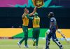 Anrich Nortje celebrating after taking 4 wickets against Sri Lanka.