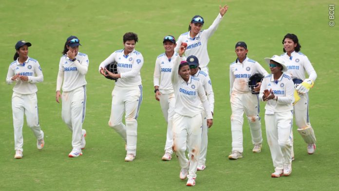 Sneh Rana receiving applauds after taking eight wickets against South Africa.