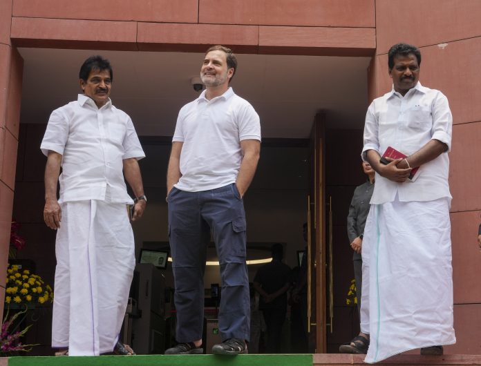 Congress members Rahul Gandhi and KC Venugopal at the Parliament House complex on the first day of the first session of the 18th Lok Sabha, in New Delhi Congress members Rahul Gandhi and KC Venugopal at the Parliament House complex on the first day of the first session of the 18th Lok Sabha, in New Delhi