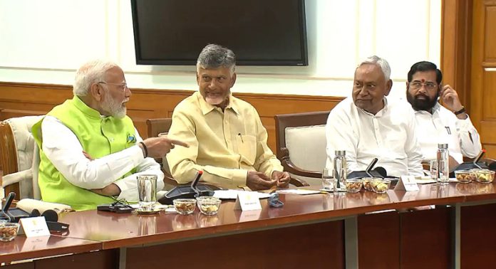 Prime Minister Narendra Modi, TDP supremo N Chandrababu Naidu, Bihar Chief Minister Nitish Kumar and Maharashtra Chief Minister Eknath Shinde at the NDA meeting in New Delhi on Wednesday. (UNI)