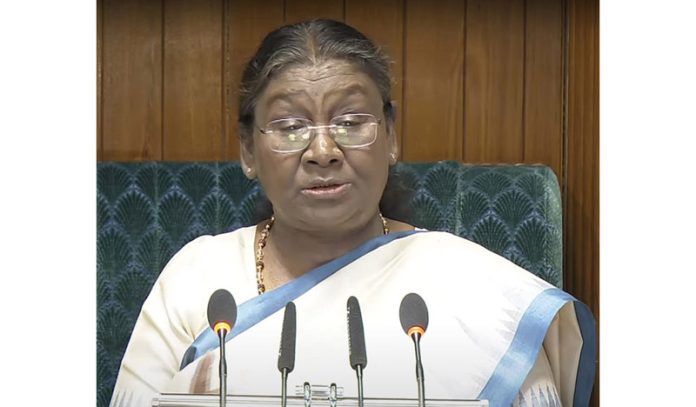 President Droupadi Murmu addressing the joint sitting of the House at Parliament House in New Delhi on Thursday. (UNI) President Droupadi Murmu addressing the joint sitting of the House at Parliament House in New Delhi on Thursday. (UNI)