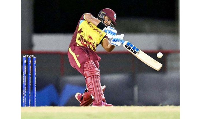 Nicholas Pooran playing a short during his inning of 104 runs against Afghanistan.
