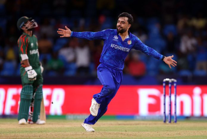 Rashid Khan celebrating victory against Bangladesh at Kingstown.