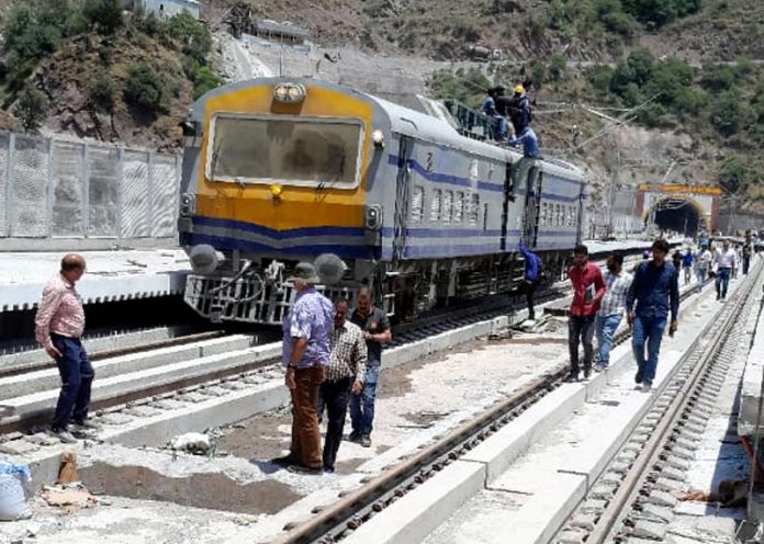 Electrification inspection being conducted at Reasi Railway Station on Sunday. -Excelsior/Romesh Mengi
