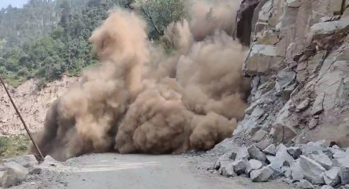Kishtwar-Paddar road blocked near Nagseni due to landslide on Sunday. Kishtwar-Paddar road blocked near Nagseni due to landslide on Sunday.