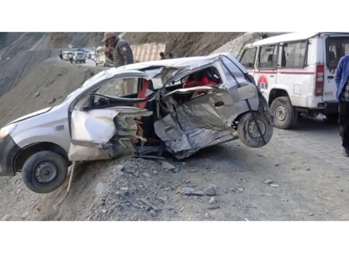 The ill-fated vehicle that met with an accident at Zozila area in Ganderbal district. -Excelsior/Firdous The ill-fated vehicle that met with an accident at Zozila area in Ganderbal district. -Excelsior/Firdous